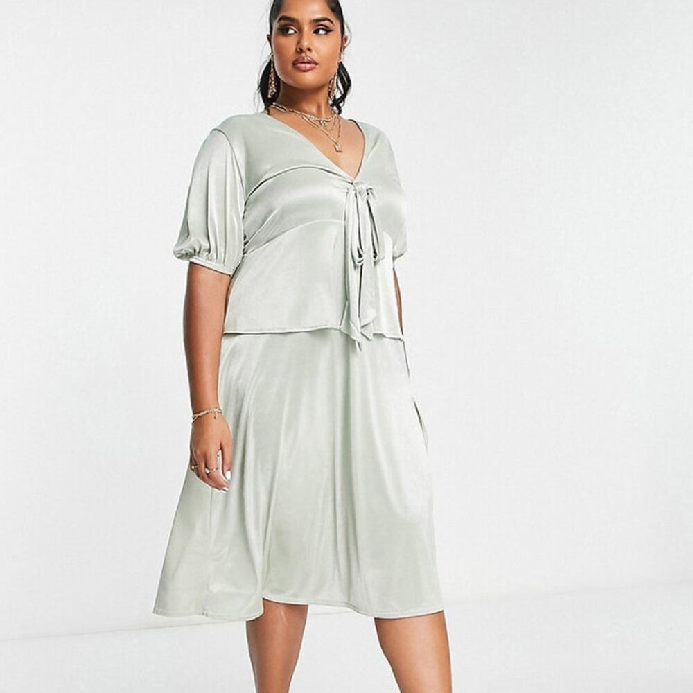 ASOS Curve Light Sage Green Satin Tie-Front Midi Dress